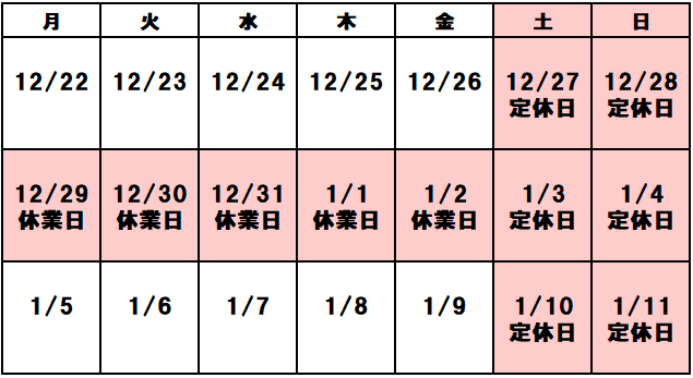 ウェルネスプラス年末年始休業