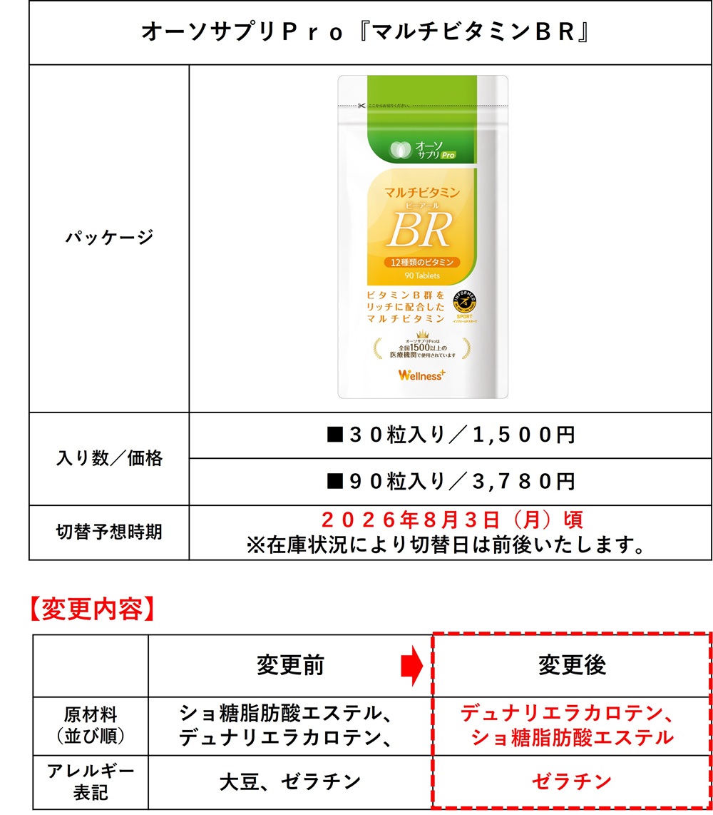 オーソサプリＰｒｏ『マルチビタミンＢＲ』 原材料変更のお知らせ